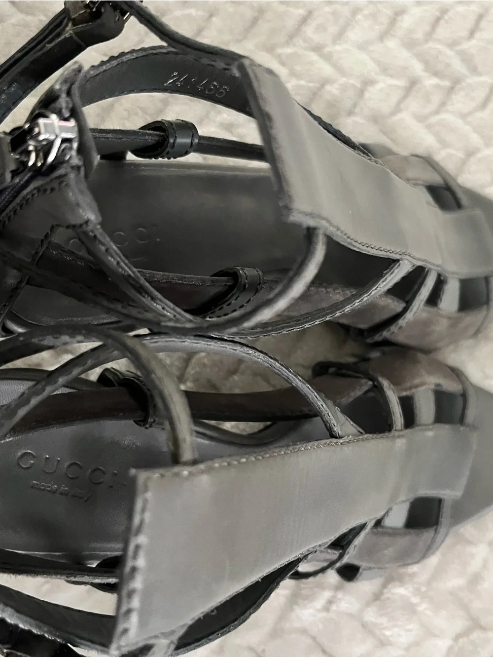Gucci Gray Daryl  Gladiator Cage High-Heel EUC